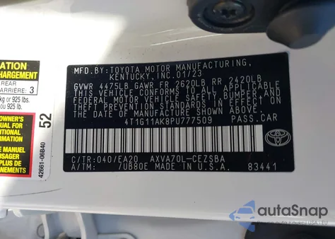 2023 Toyota Camry Se from USA, damaged, VIN 4T1G11AK8PU777509